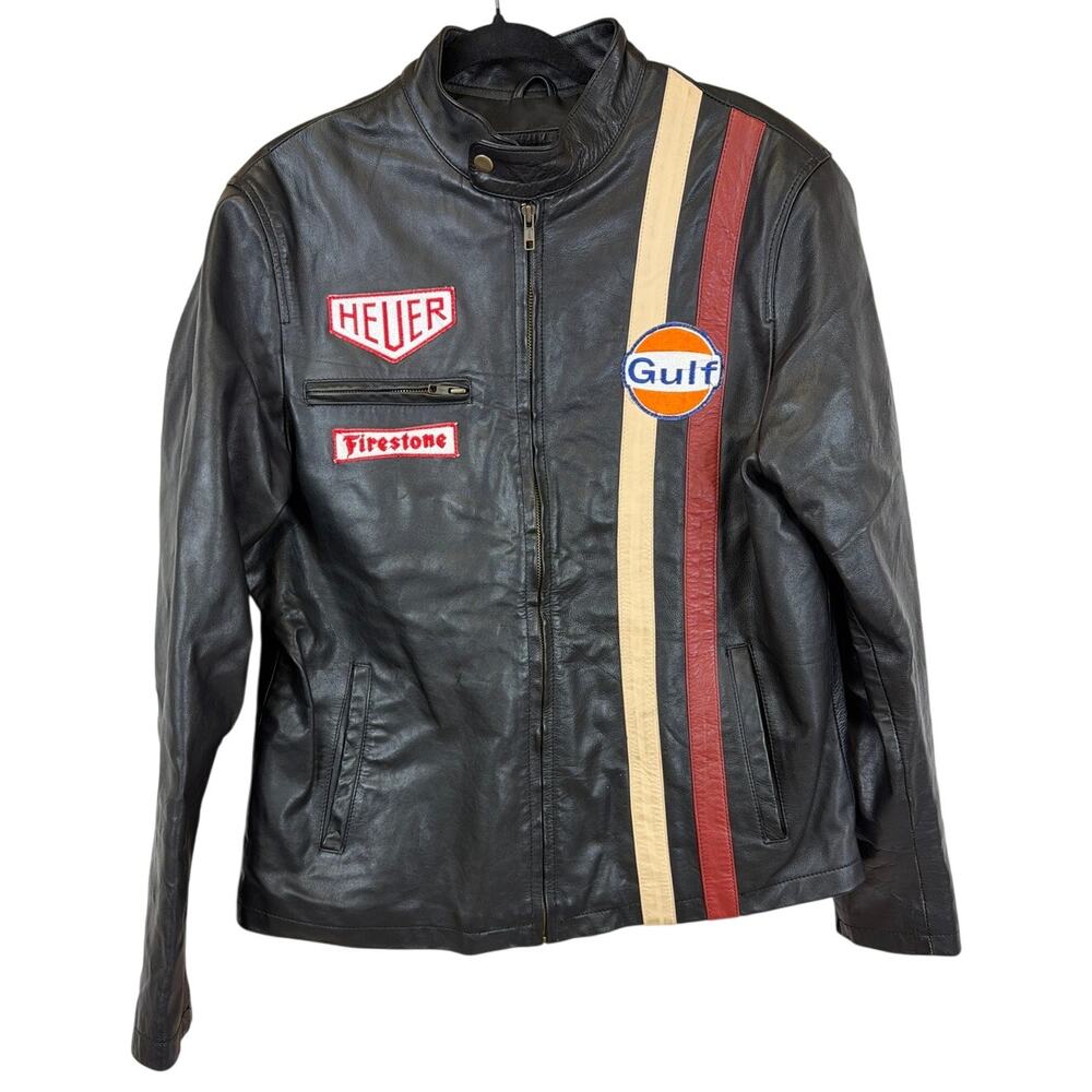 Flesh and Hide Black Cafe Racer Logo Patches Racing Stripe Moto Leather Jacket L